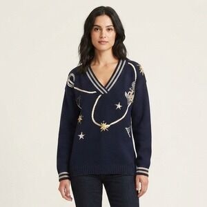 Vintage Joyce Nautical Sequin Anchor Sweater Navy Blue M Novelty Holiday